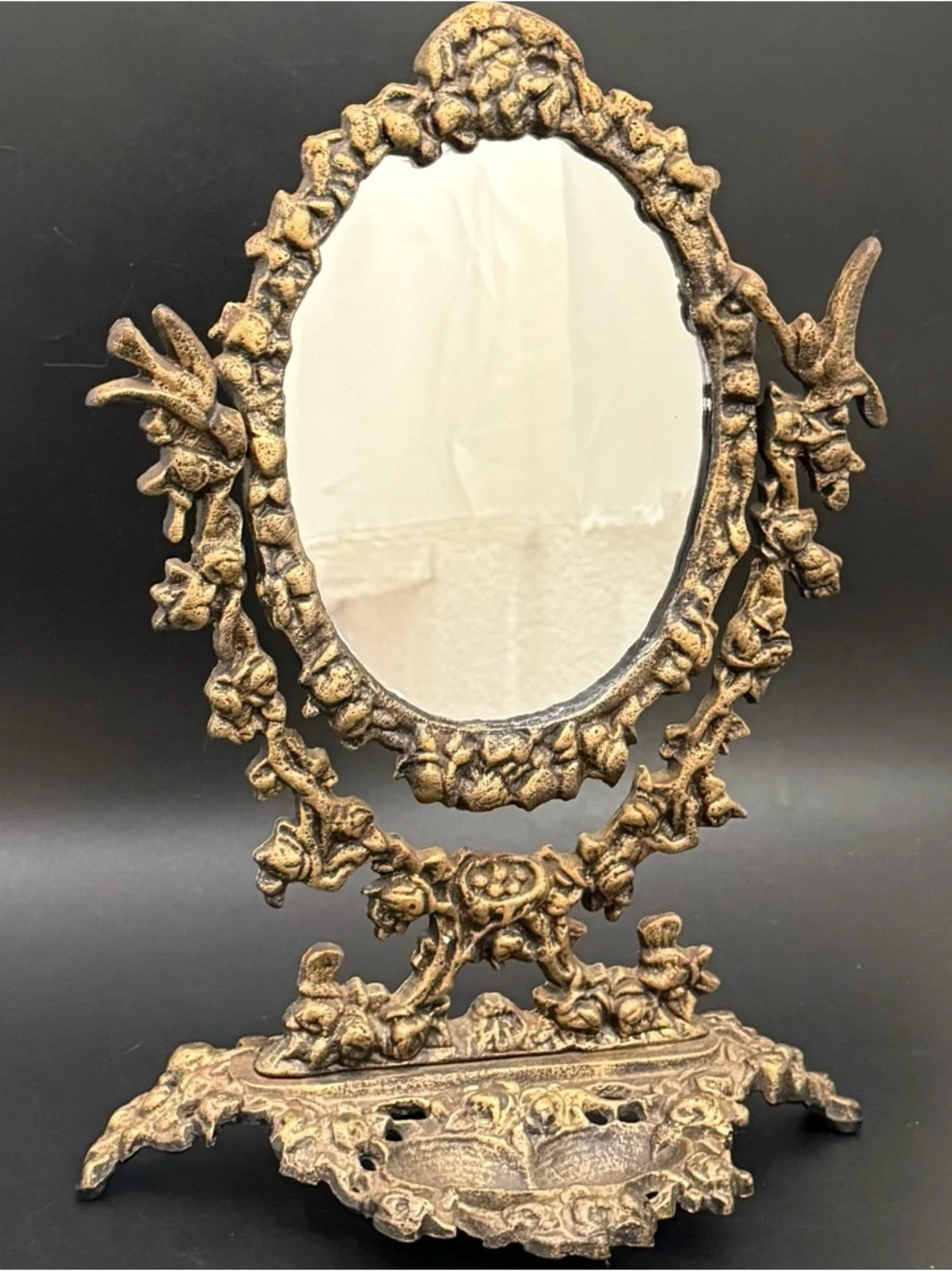 Victorian Style Antique Brass Finish Ornate Heavy Cast Iron Swivel Vanity Mirror